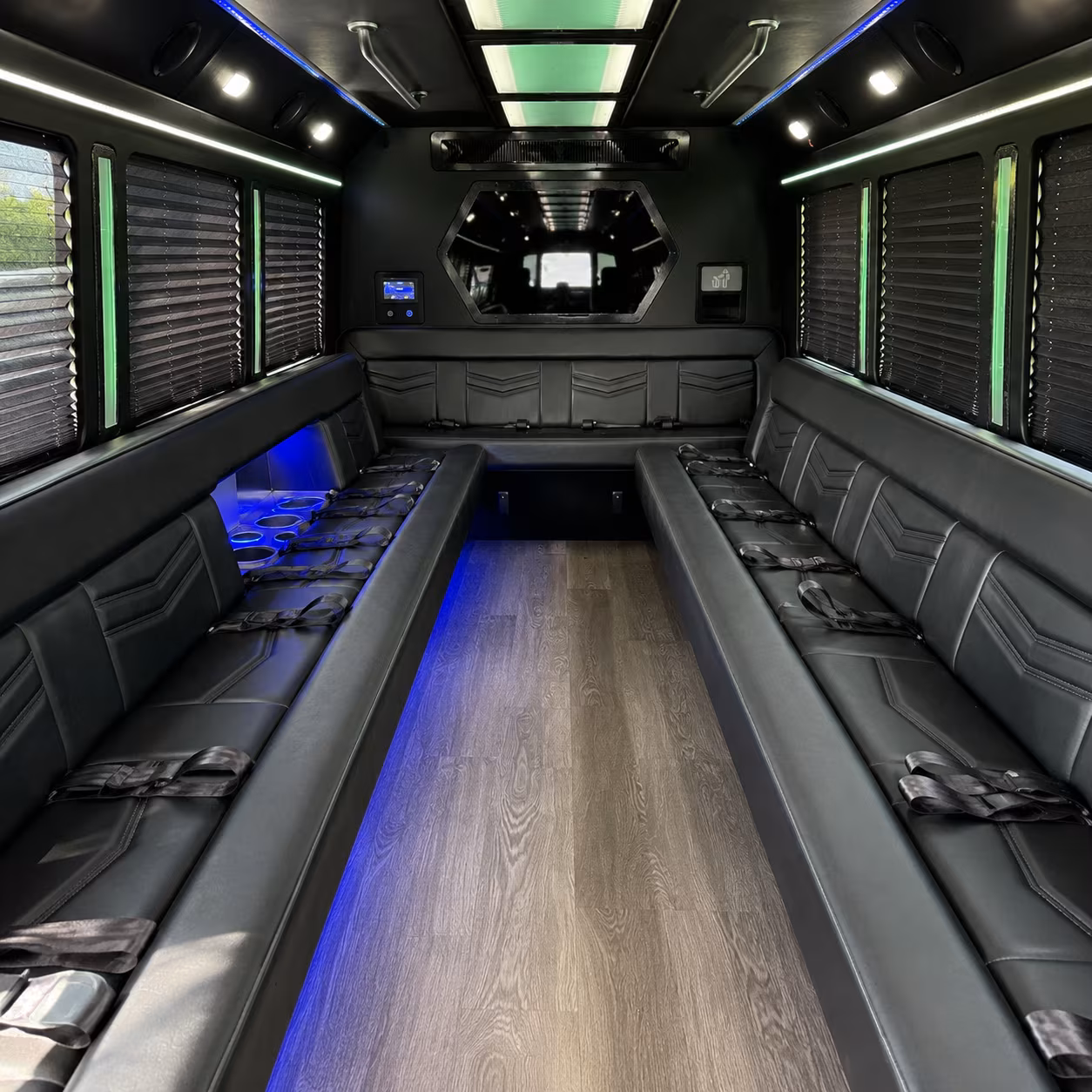Passenger seating aboard a party bus rental serving Round Rock